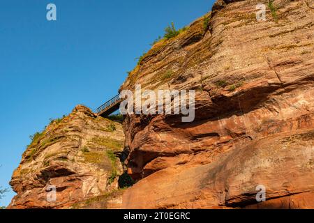 Felsen der Felsenburg Hohbarr (Chateau du Haut-Barr) bei Saverne (Zabern), Unterrhein, Elsass, Grand Est, Elsass-Champagne-Ardenne-Lothringen, Frankreich Stockfoto