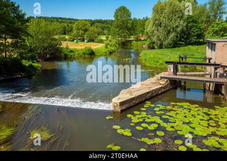 Alte Mühle an der Saar in Sarraltroff, Département Mosel, Grand Est, Frankreich Stockfoto