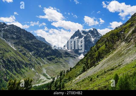 Wilde Berglandschaft am sonnigen Sommertag. Val d'Herens bei Arolla mit Mont Collon, Walliser Alpen, Wallis, Schweiz, Europa Stockfoto