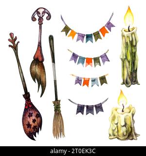 Aquarellhexen Besen, Hexenkerzen Fahnen für Halloween Elemente isoliert auf weißem Hintergrund Stockfoto