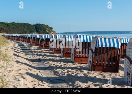 Liegestühle stehen in langer Reihe auf der Insel Rügen, Baabe, Mecklenburg-Vorpommern Stockfoto