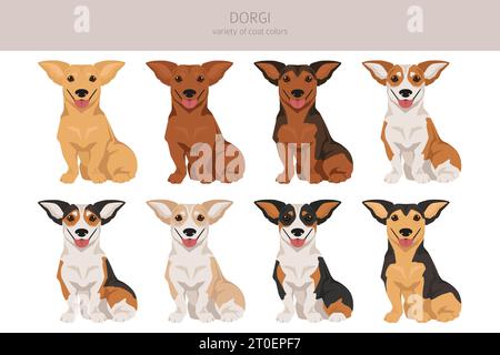 Dorgi Clipart. Walisischer Corgi Dachshund Mix. Verschiedene Beschichtungsfarben eingestellt. Vektorabbildung Stock Vektor