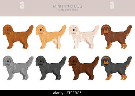 Mini-Hippo-Clipart. Shar Pei - Cocker Spaniel Mix. Verschiedene Beschichtungsfarben eingestellt. Vektorabbildung Stock Vektor