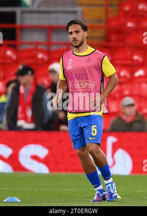 Liverpool, Großbritannien. Oktober 2023. Kevin Mac Allister von Royale Union Saint-Gilloise während des Spiels der UEFA Europa League in Anfield, Liverpool. Der Bildnachweis sollte lauten: Gary Oakley/Sportimage Credit: Sportimage Ltd/Alamy Live News Stockfoto