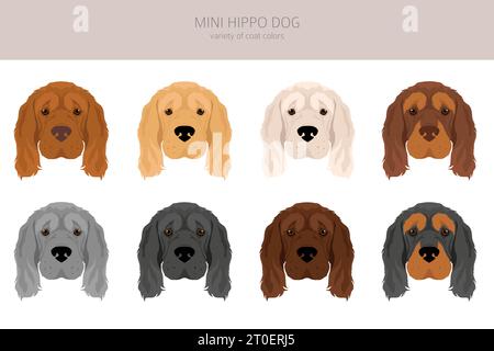 Mini-Hippo-Clipart. Shar Pei - Cocker Spaniel Mix. Verschiedene Beschichtungsfarben eingestellt. Vektorabbildung Stock Vektor