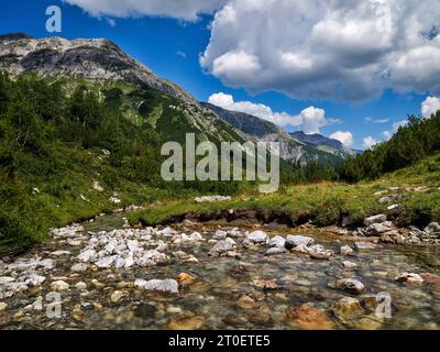 Auf dem Weg entlang des Vorarlberger Lech im Lechquellengebirge zwischen Formarinsee und dem Dorf Lech Stockfoto