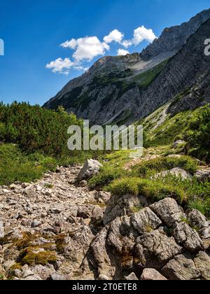 Auf dem Weg entlang des Vorarlberger Lech im Lechquellengebirge zwischen Formarinsee und dem Dorf Lech Stockfoto