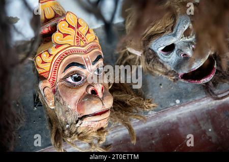 Traditionelle Masken der Insel Majuli in assam, Indien, hergestellt vom weltberühmten Maskenmacher Hem Chandra Goswami Stockfoto