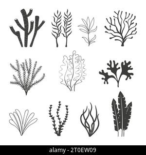 Algen und Korallen isoliert auf weiß. Set von Aquarienpflanzen Silhouetten. Vektor-Schwarzweiß-Illustration. Stock Vektor