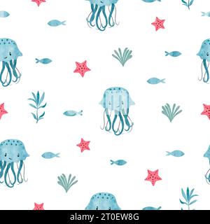 Nahtloses süßes Quallenmuster. Vektor Aquarell Meeresillustration. Babymotiv in Marinebau. Stock Vektor