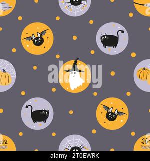 Halloween-Muster mit süßem Geist, Kürbissen und schwarzer Katze. Geschenkpapier. Vektorabbildung Stock Vektor