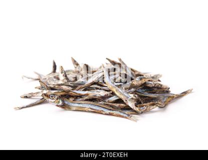 Haufen getrockneter Sardinen für Hunde und Katzen als Leckerbissen. Viele dehydrierte Fische in verschiedenen Größen. Gesunde Hunde Snack oder Nahrungsergänzung reich an Protein, Stockfoto