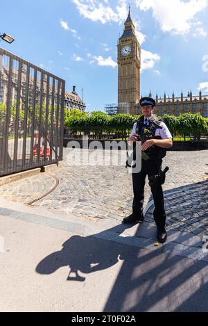 Bewaffneter britischer Polizist, der das Tor zu den Houses of Parliament, Palace of Westminster, bewacht. London, Großbritannien. Autorisierter Feuerwaffenoffizier der Met Stockfoto