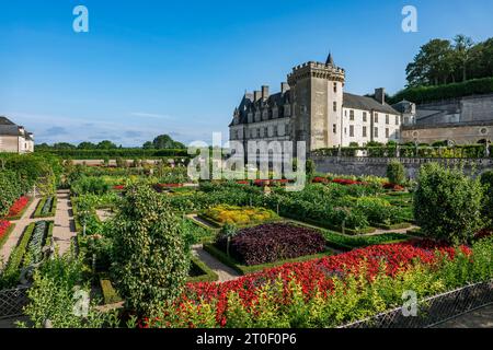 Villandry Castle liegt etwa 17 km westlich der Stadt Tours. Villandry Castle ist vor allem für seine Gärten bekannt. Das gleichnamige Dorf Villandry liegt am Cher River und ist die letzte Gemeinde vor dem Zusammenfluss mit der Loire. Stockfoto