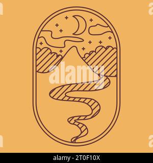 Naturgelbes Boho-Logo. Nachtberg, Fluss, Mond, ästhetische Ikone der Landschaft. Abbildung des Rohvektors auf weißem Hintergrund in Linienart isoliert. Stock Vektor