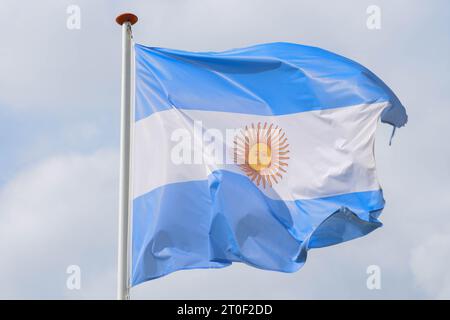 Die Flagge Argentiniens winkt im Wind Stockfoto