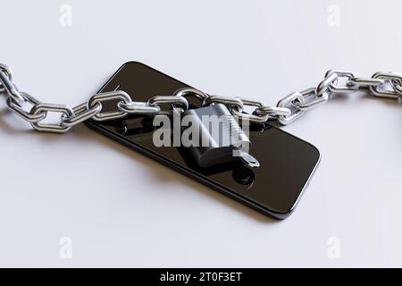 Ein Smartphone, das durch ein Vorhängeschloss und eine Kette geschützt ist, symbolisiert die Bedeutung der Gerätesicherheit und -Sicherheit im digitalen Zeitalter. Mit zunehmendem Stockfoto
