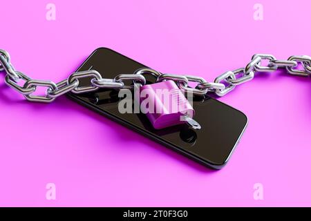 Ein Smartphone, das durch ein Vorhängeschloss und eine Kette geschützt ist, symbolisiert die Bedeutung der Gerätesicherheit und -Sicherheit im digitalen Zeitalter. Mit zunehmendem Stockfoto