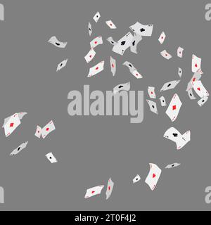 Fallende Spielkarten auf Grau. Muster mit fallenden Spielkarten mit Symbolen aus Diamanten, Schlägern, Herzen und Pik. Vektor-Illustration für Casino, Stock Vektor