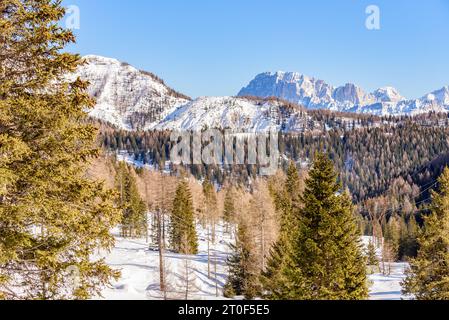 Schneebedeckte Hochgebirgslandschaft an einem klaren Wintertag Stockfoto