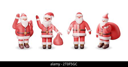 3D-Set mit Weihnachtsmann-Charakter mit Geschenktasche Stock Vektor