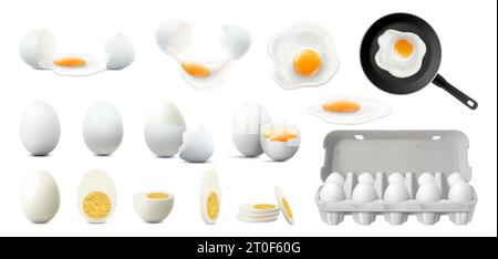 Set aus ganzen, halben, geschnittenen und zerbrochenen Eiern. Rohe, gebratene und gekochte Eier, isoliert auf weißem Hintergrund. Eier mit Eigelb knacken. Papptablett mit Eiern. Stock Vektor