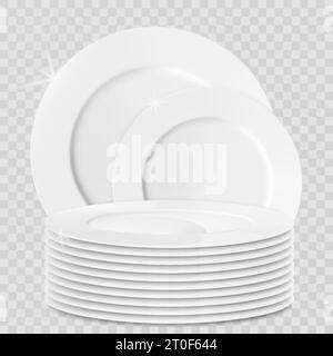 Ein Stapel weißer Platten, isoliert auf weißem Hintergrund. Sauberes, glänzendes Geschirr und Küchenutensilien aus Porzellan. Werbebanner für Haushaltsreinigung Stock Vektor