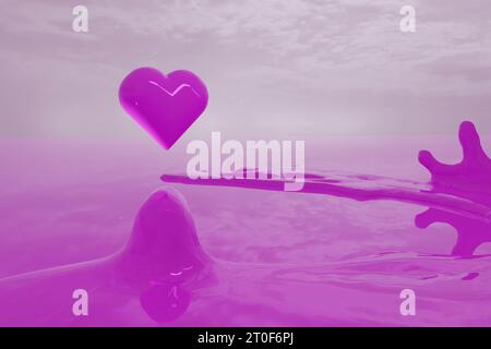3D-Rendering von hellrosa Herz und Flüssigkeit auf glänzendem Hintergrund Stockfoto