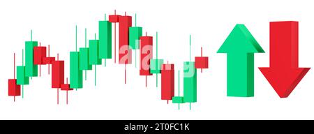 Handelskarte, grüne und rote Pfeile auf weißem Hintergrund. Börsenhandelsdaten in Grafik mit japanischen Sticks. Finanzdiagramm mit Anlagenwerten Stockfoto