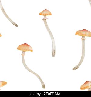 Aquarell Hand gezeichnetes nahtloses Muster von Pilzen Sommer Honig Pilz. Galerina marginata Illustration, Waldkrötenhocker ClipArt zum Verpacken Stockfoto