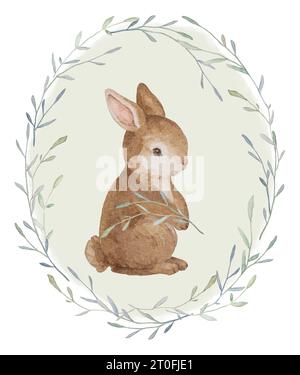 Osterhase, Rustikale Kränze Aquarell, Neugeborene Baby Karte, Aquarell Boho Kranz, Boho Baby Karte, Handgezeichneter Kränz Stockfoto