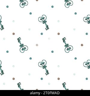 Nahtloses Aquarellmuster mit einem blauen Schlüssel im Vintage-Stil und einem Photon aus aquarellen Erbsen. Aquarellabbildung. Geeignet für Verpackungsdesign Stockfoto