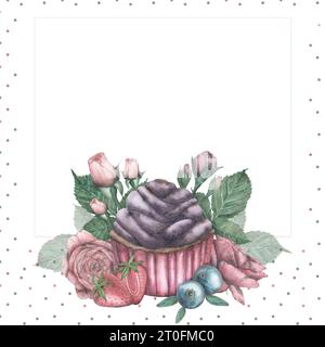 Aquarellpostkarte mit festlichem Cupcake umgeben von Erdbeeren, Heidelbeeren, Blumen und rosa Rosenblättern im Vintage-Stil. Hintergrund in Stockfoto