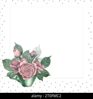 Aquarellpostkarte mit einem Blumenstrauß aus rosa Rosen in einer grünen Tasse und einem Ort zum Design im Vintage-Stil. Hintergrund in farbigen Polka Dots Stockfoto