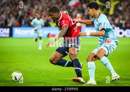 Alexsandro VICTOR DE SOUZA RIBEIRO von Lille und Amine SALAMA von Reims während des französischen Meisterschaftsspiels der Ligue 1 zwischen LOSC Lille und Stade de Reims am 26. September 2023 im Stadion Pierre Mauroy in Villeneuve-d'Ascq bei Lille, Frankreich - Foto Matthieu Mirville / DPPI Stockfoto