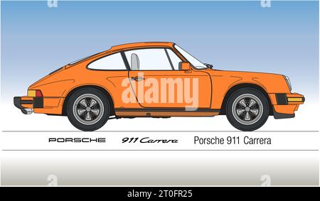 Deutschland, Jahr 1974, Porsche 911 Carrera, Oldtimer, Vektorillustration orange Stockfoto