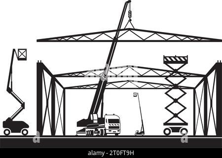 Kran- und Hubmaschinen auf der Baustelle – Vektorillustration Stock Vektor