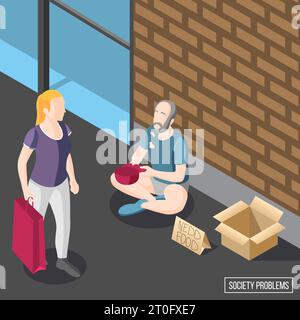 Gesellschaftsprobleme isometrischer Hintergrund mit hungriger Bettlerin, die auf dem Bürgersteig sitzt, und Bettelvektor-Illustration Stock Vektor