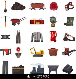 Ikonen der Kohleindustrie setzen Cartoonvektor. Kraftwerk Stock Vektor