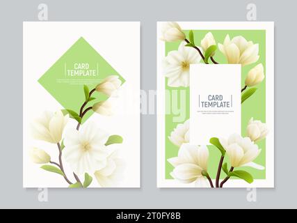 Zwei vertikale farbige realistische Magnolien-Blumenbanner oder Flyer-Set mit Plätzen für Text und Überschriften-Vektor-Illustration Stock Vektor