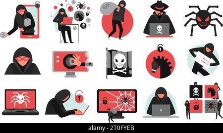Hacker-Aktivitäten Satz von schwarzen roten Symbolen brechen Konto Malware und Daten stehlen isoliert Vektor-Illustration Stock Vektor