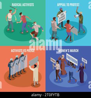 Aktivisten 2x2 Design-Konzept Satz von Appell zu protestieren Frauen märz Radikale gegen Polizei Quadrat Symbole isometrische Vektor-Illustration Stock Vektor