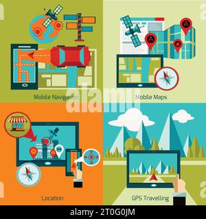 GPS-Navigationskonzept mit mobilen Karten flache Symbole isolierte Vektorillustration Stock Vektor