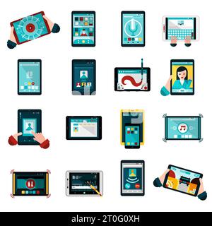 Phablet-Symbole mit Musik-Fotos und Spiele flach isoliert Vektor-Illustration gesetzt Stock Vektor