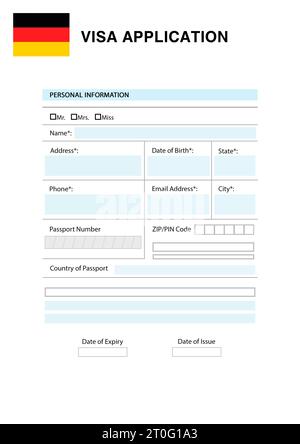 Einwanderung nach Deutschland. Leeres Visumformular für den Antrag Stockfoto