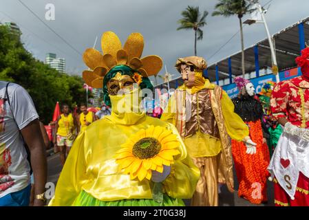 Salvador, Bahia, Brasilien - 11. Februar 2023: Maskierte Gruppe von Maragojipen werden während Fuzue, vor dem Karneval in Salvador, Bahia, gesehen. Stockfoto