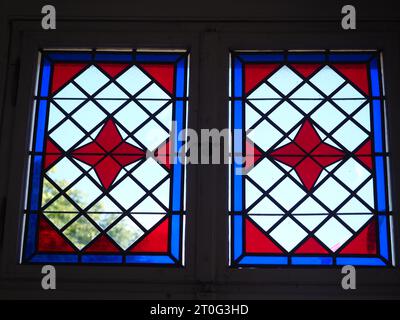 Buntglasfenster von Schloss Penkun, Deutschland Stockfoto