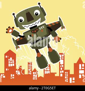 Lustiger Robotersoldat, der über Gebäude fliegt, Vektor-Karikaturillustration Stock Vektor