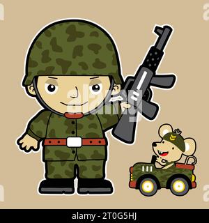 Kleiner Soldat mit Gewehr, Maus fährt Militärauto, Vektor-Zeichentrickillustration Stock Vektor