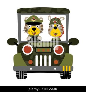 Lustiger Tiger und Zebra im Soldatenkostüm auf Militärfahrzeug, Vektor-Karikaturillustration Stock Vektor